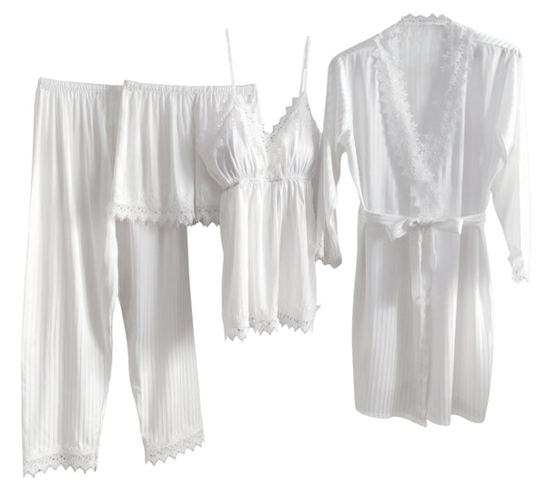 Pijamas mujer de seda satén a rayas con encaje bordado. Conjunto de 4 piezas.