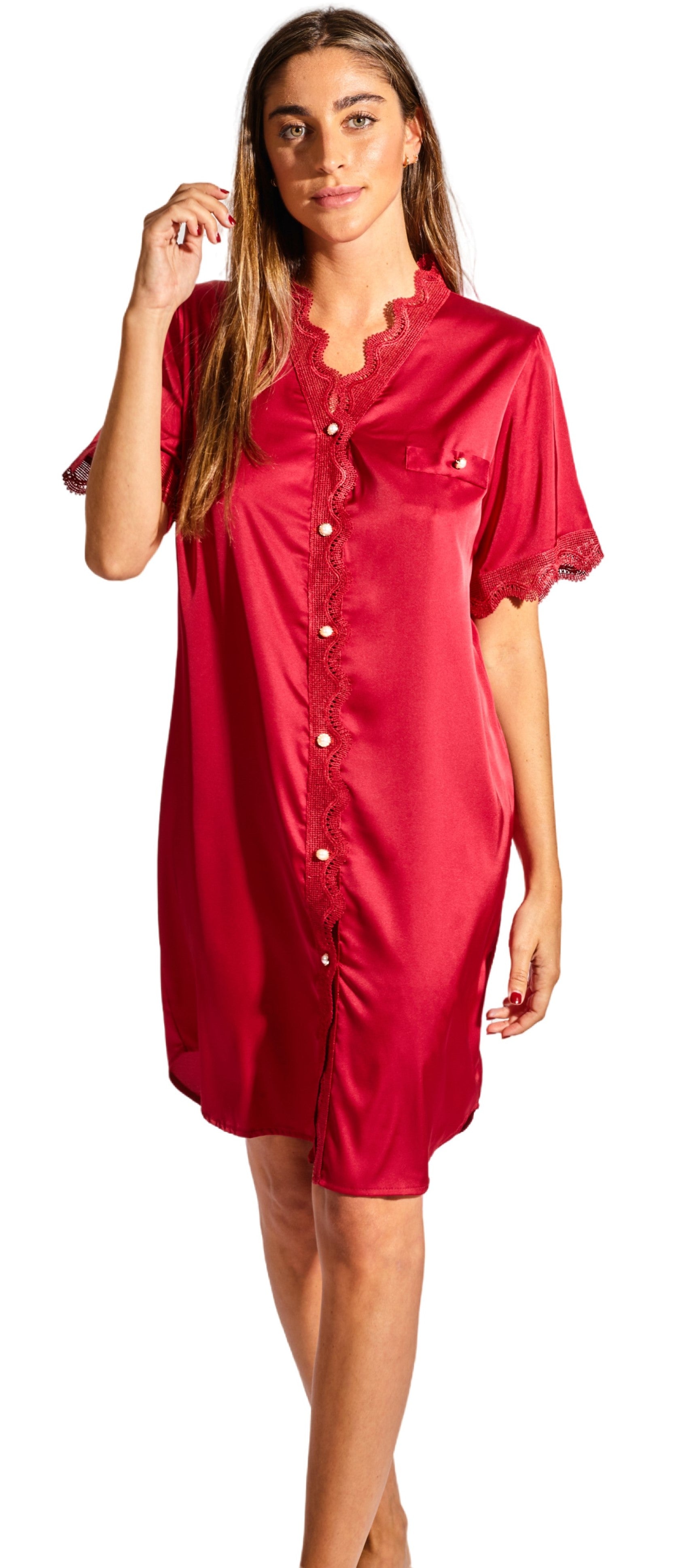 Laura in - Pijama camisón con botones de seda satén para mujer con encaje