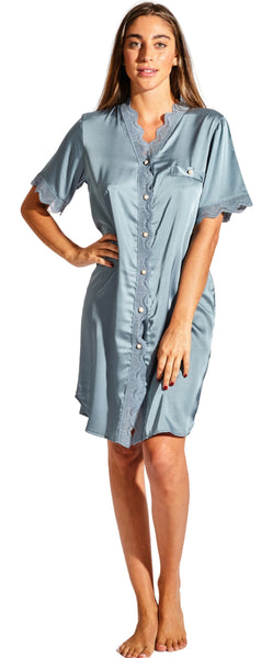 Laura in - Pijama camisón con botones de seda satén para mujer con encaje