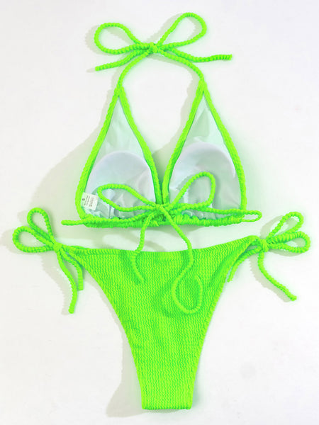 Nuevo Bikini 2024 con color sólido y tela elástica arrugada, dos formas de vestirse.