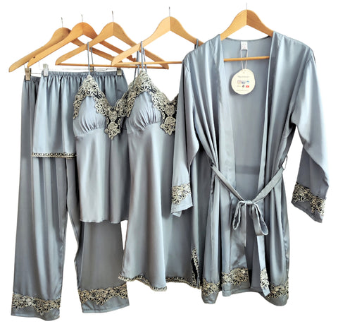 Laura in - Pijamas mujer de seda satén conjunto de 5 piezas con encaje estilo vintage.