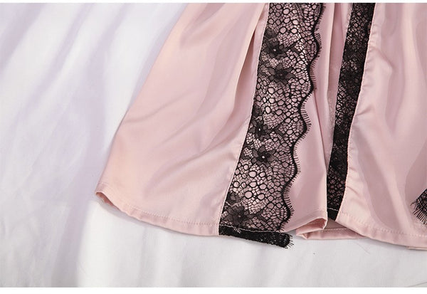 Laura in - Conjunto 4 piezas de pijamas para mujer de seda satén, Bata, camisón, top y pantalones cortos. Casual, elegante y suave para estar relajados en casa.