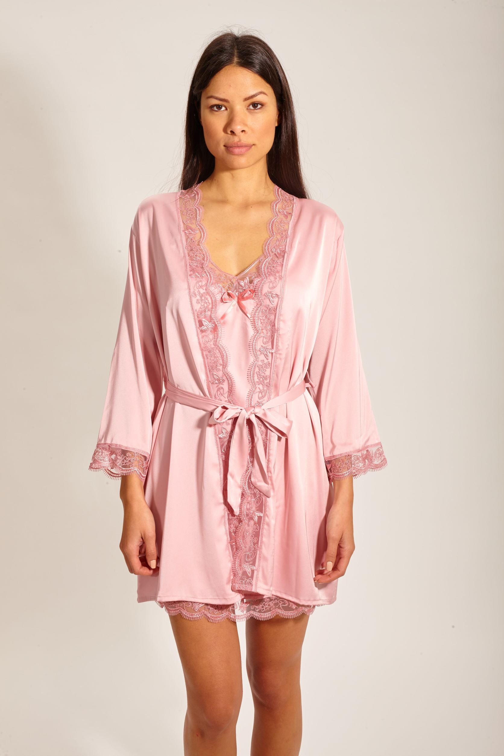 Laura in - Conjunto 5 piezas de pijamas para mujer de seda satén, Bata, camisón, top, pantalones cortos y largos.