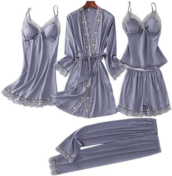Laura in - Conjunto 5 piezas de pijamas para mujer de seda satén, Bata, camisón, top, pantalones cortos y largos.