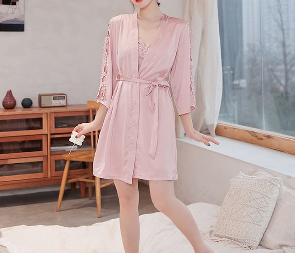 Pijamas de seda satén para mujer, bata kimono y/o vestido camisón de color liso sólido.
