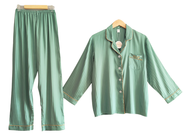 Laura in - Conjunto de 2 piezas, pijamas de seda satén, camisero y pantalones largos a rayas
