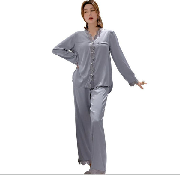 Laura in - Pijamas Mujer de Seda satén con Encaje Bordado, 2 Piezas Camisa con Botones y Pantalones Largos, Suave, Cómodo, Sedoso y Casual.