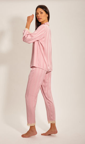 Laura in - Conjunto de Pijamas de Seda Satén para Mujer 2 piezas Camiseta Abotonada con Bolsillos y Pantalones con Encaje a rayas