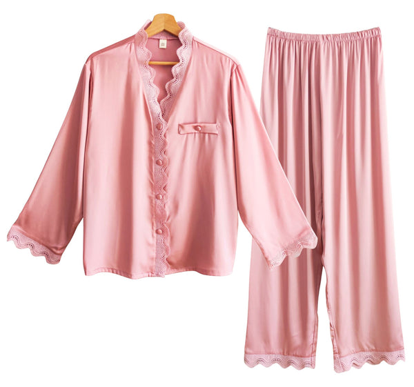 Conjunto de pijamas de seda satén para mujer con encaje floral
