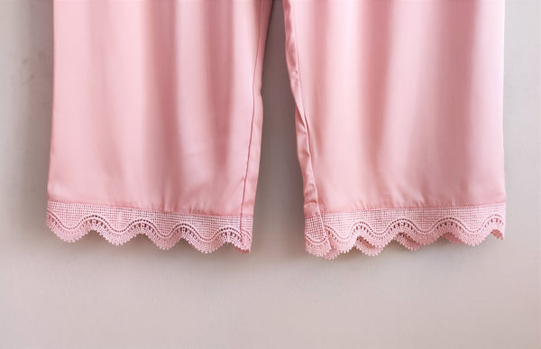 Conjunto de pijamas de seda satén para mujer con encaje floral