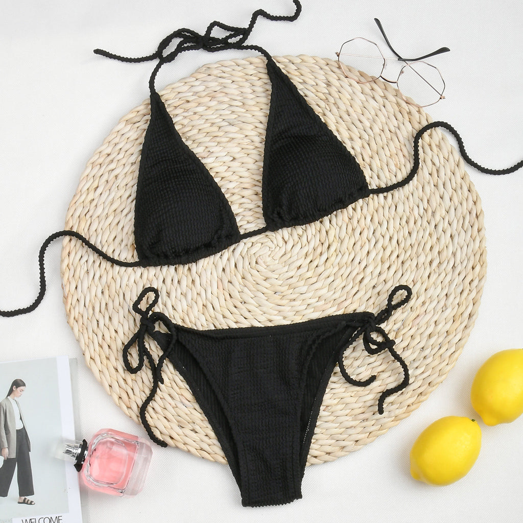 Nuevo Bikini 2024 con color sólido y tela elástica arrugada, dos formas de vestirse.