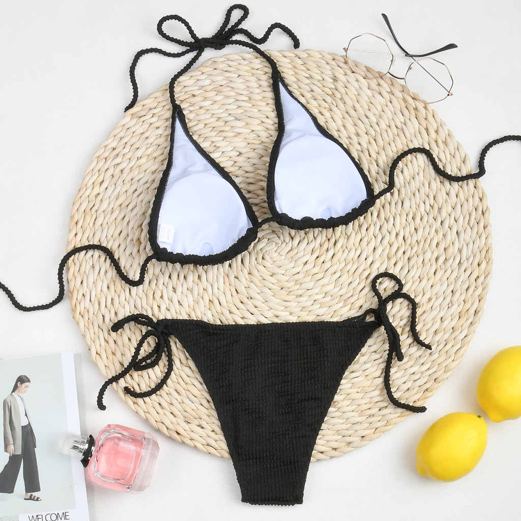 Nuevo Bikini 2024 con color sólido y tela elástica arrugada, dos formas de vestirse.