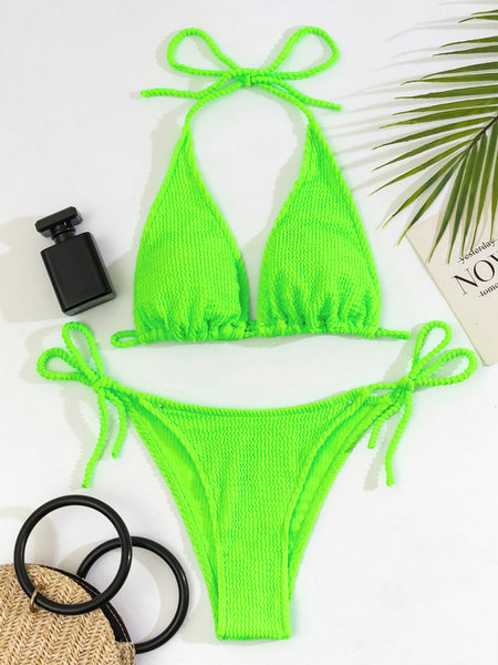 Nuevo Bikini 2024 con color sólido y tela elástica arrugada, dos formas de vestirse.