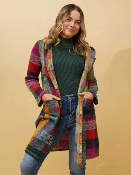 Chaqueta con capucha de manga larga para mujer de otoño/invierno con bolsillos y estampado de cuadros asimétrico