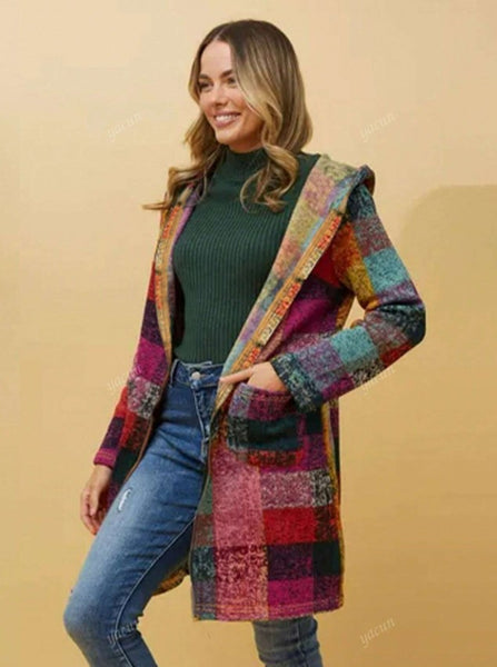 Chaqueta con capucha de manga larga para mujer de otoño/invierno con bolsillos y estampado de cuadros asimétrico