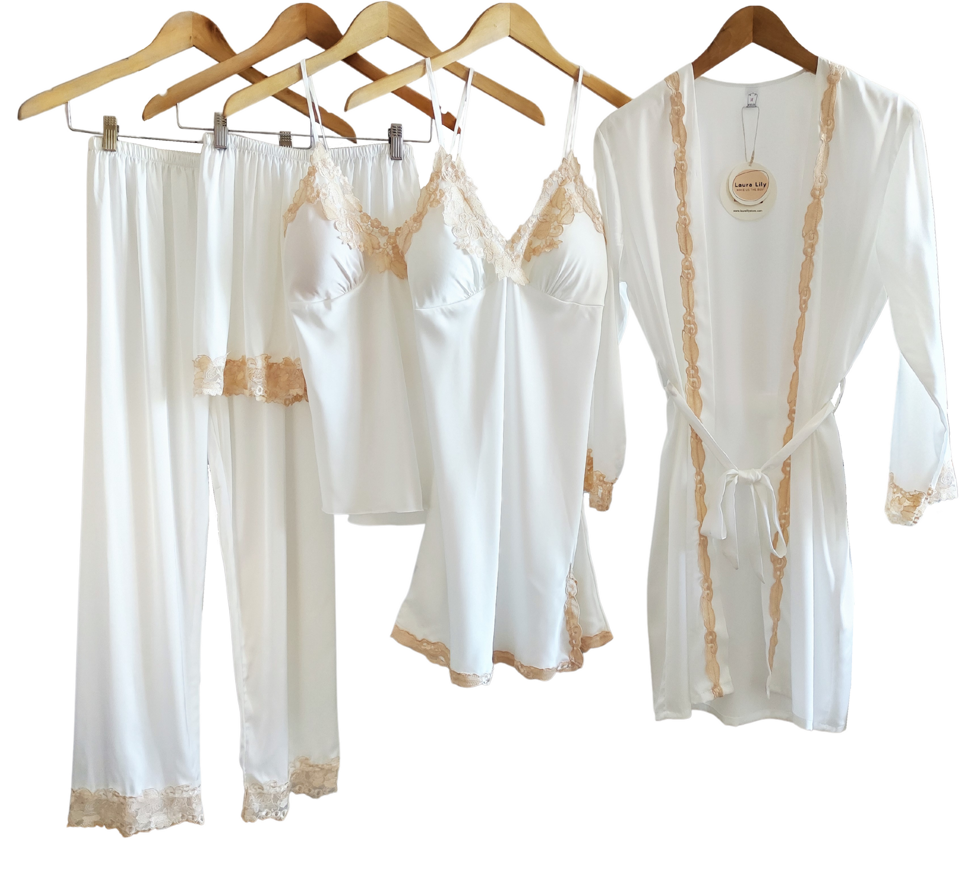 Laura in - Conjunto de pijamas para mujer de seda satén con encaje 5 piezas