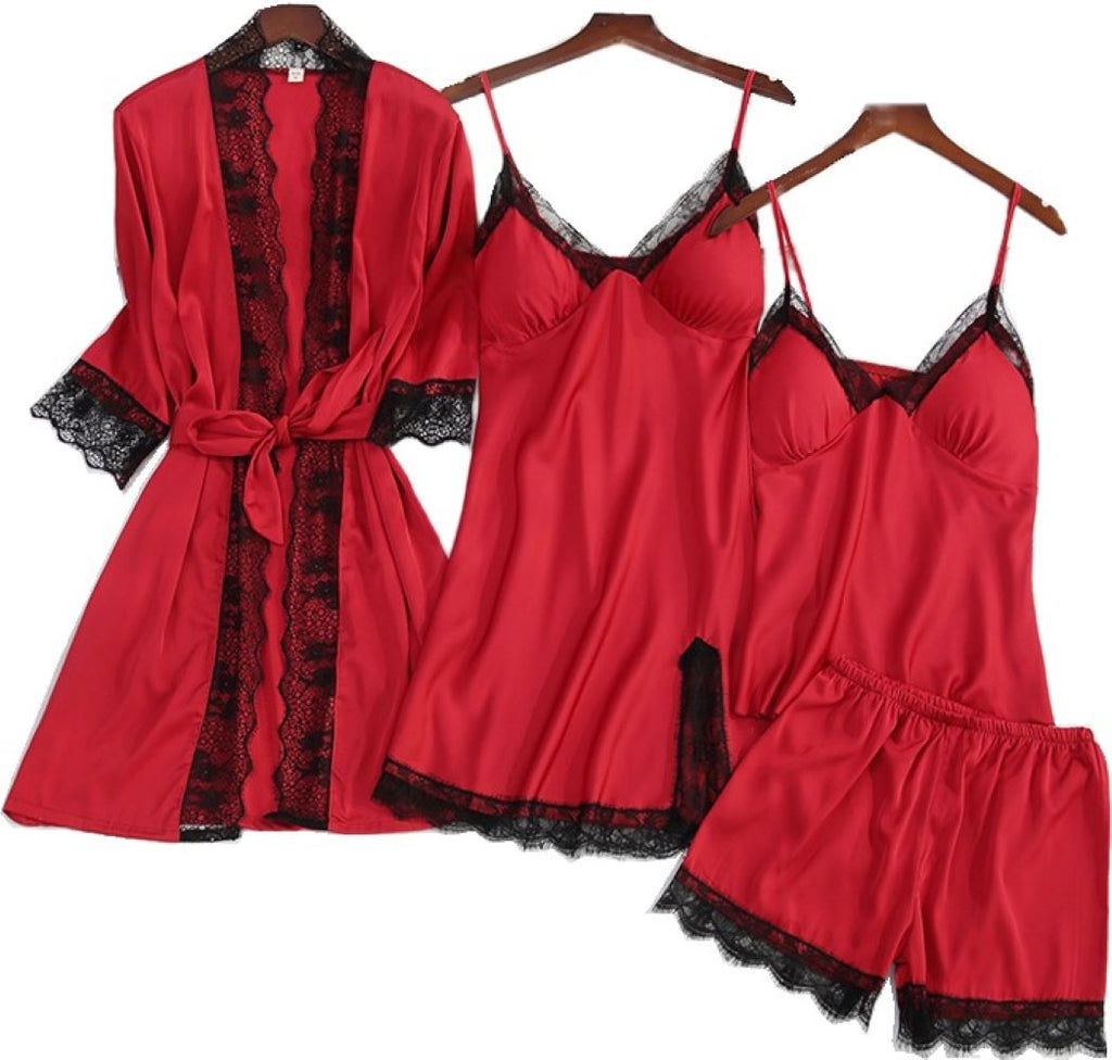 Laura in - Conjunto 4 piezas de pijamas para mujer de seda satén, Bata, camisón, top y pantalones cortos. Casual, elegante y suave para estar relajados en casa.