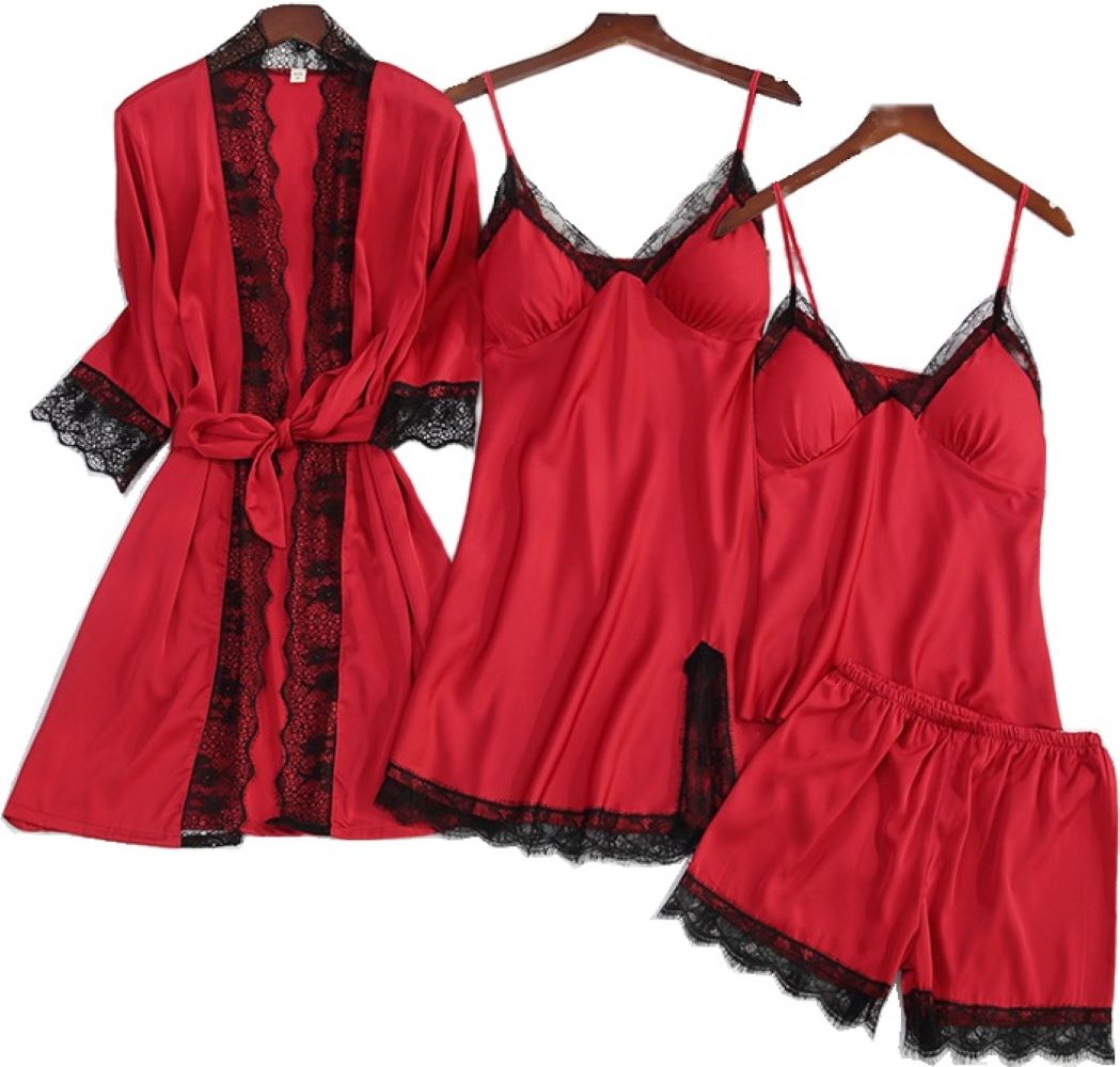 Laura in - Conjunto 4 piezas de pijamas para mujer de seda satén, Bata, camisón, top y pantalones cortos. Casual, elegante y suave para estar relajados en casa.