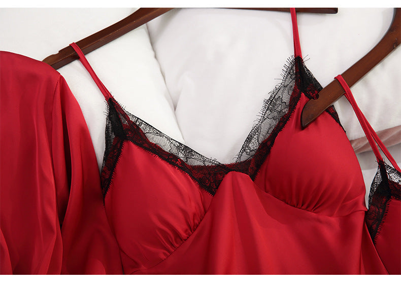 Laura in - Conjunto 4 piezas de pijamas para mujer de seda satén, Bata, camisón, top y pantalones cortos. Casual, elegante y suave para estar relajados en casa.