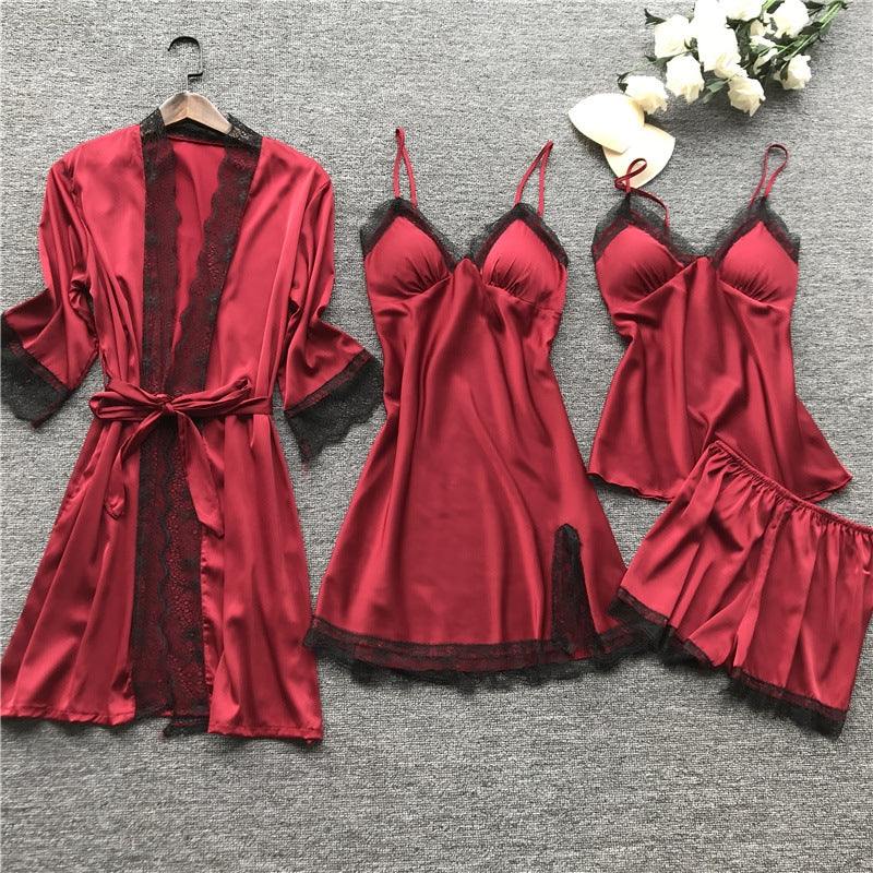 Laura in - Conjunto 4 piezas de pijamas para mujer de seda satén, Bata, camisón, top y pantalones cortos. Casual, elegante y suave para estar relajados en casa.