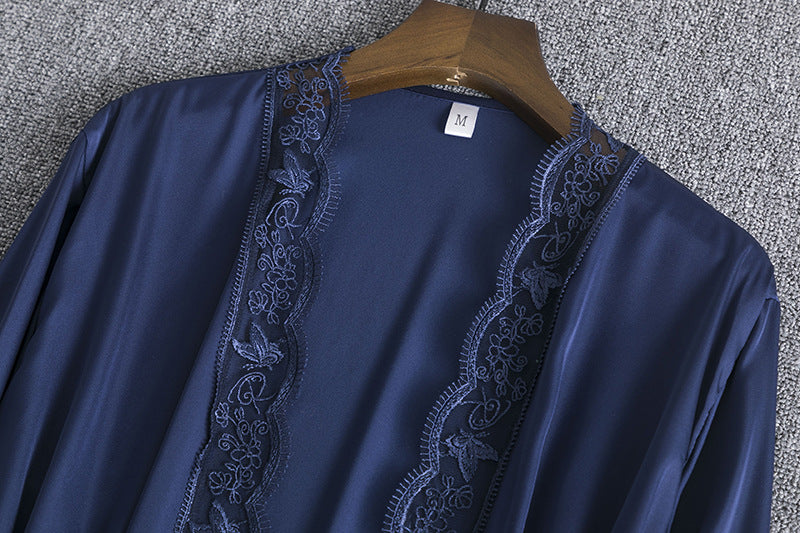 Laura in - Conjunto 5 piezas de pijamas para mujer de seda satén, Bata, camisón, top, pantalones cortos y largos.
