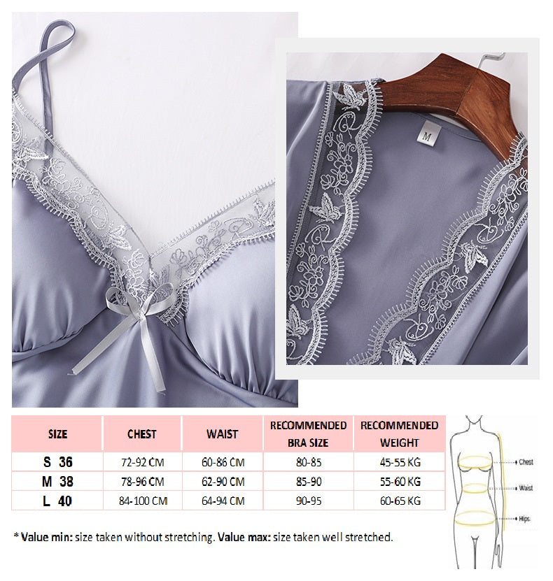 Laura in - Conjunto 5 piezas de pijamas para mujer de seda satén, Bata, camisón, top, pantalones cortos y largos.