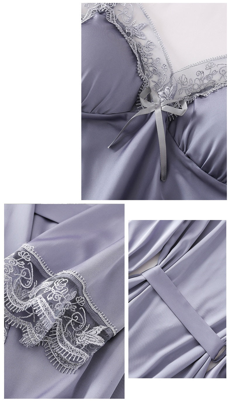 Laura in - Conjunto 5 piezas de pijamas para mujer de seda satén, Bata, camisón, top, pantalones cortos y largos.