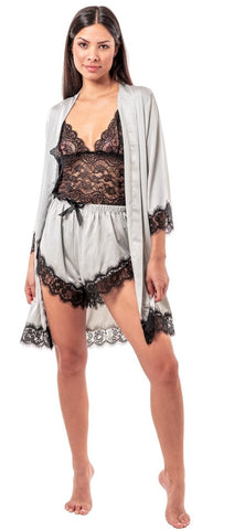 4 Piezas Pijama Satin Para Mujer Elegante Conjunto Con Bralette Encaje Sexy  Y Bata Suave, Moda de Mujer