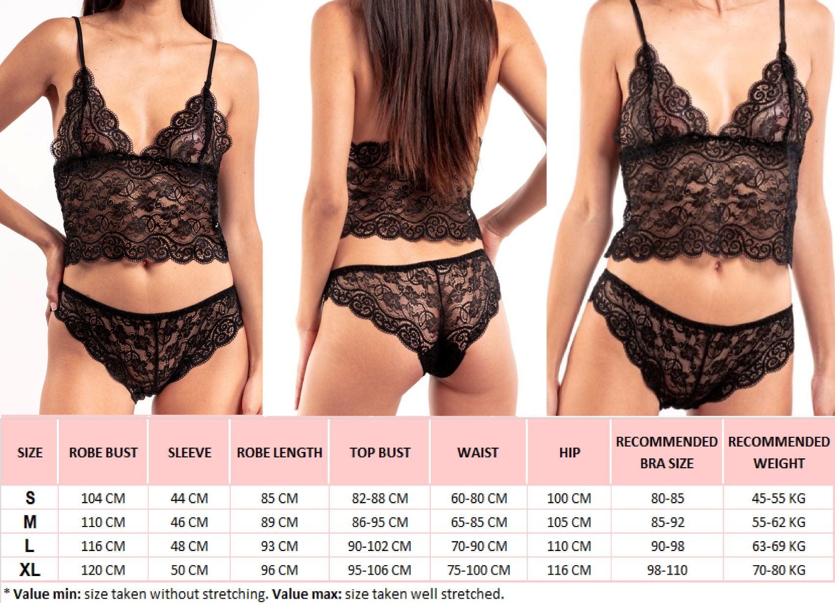 Laura in - Conjunto de 4 Piezas Pijamas de Seda satén para Mujer Bata, top de encaje, braguita y pantalones cortos con encaje negro.