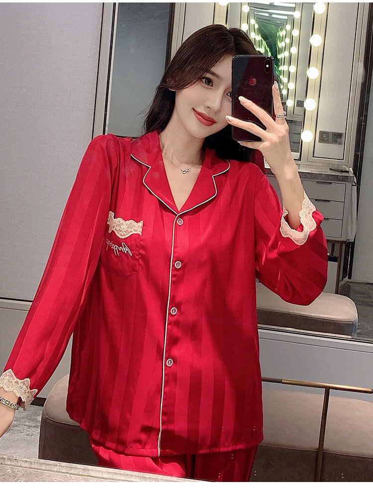 Laura in - Conjunto de Pijamas de Seda Satén para Mujer 2 piezas Camiseta Abotonada con Bolsillos y Pantalones con Encaje a rayas