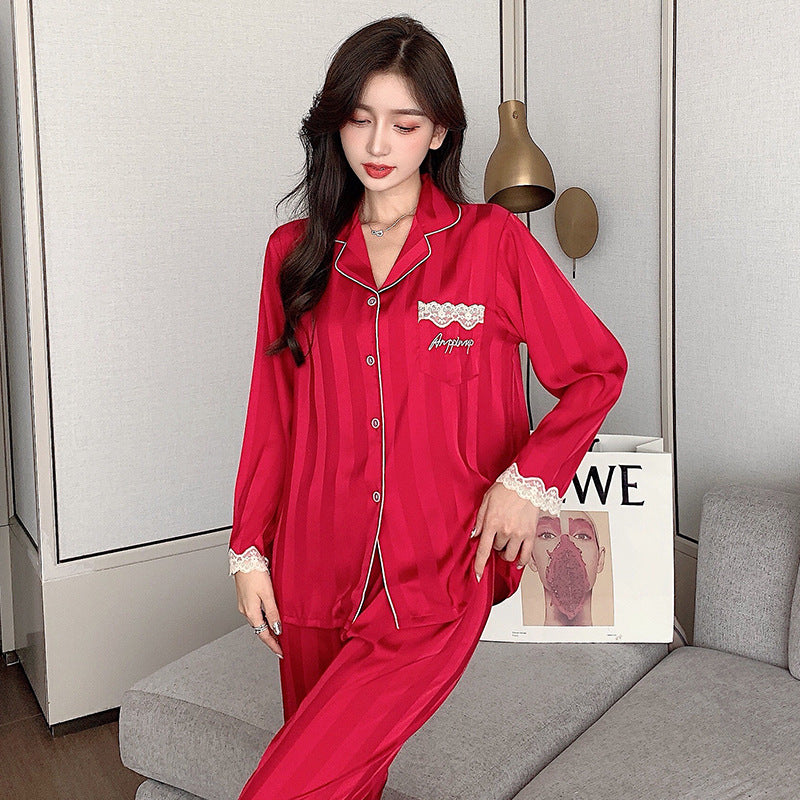 Laura in - Conjunto de Pijamas de Seda Satén para Mujer 2 piezas Camiseta Abotonada con Bolsillos y Pantalones con Encaje a rayas