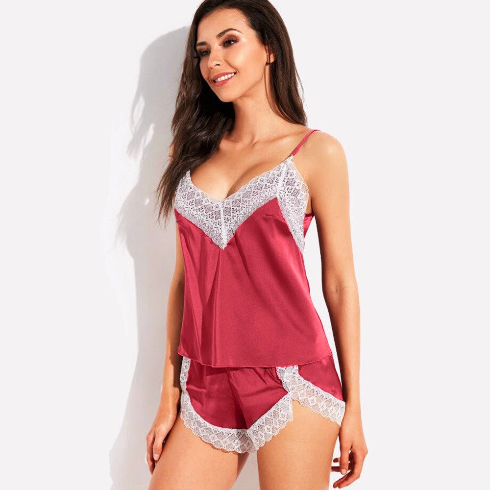 Laura in - 2 Piezas Set Pijamas de Seda satén para Mujer con Encaje Blanco. Top Tirante y Pantalones Cortos de Color Liso.