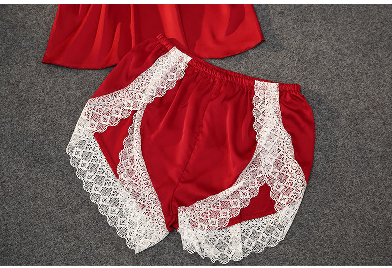 Laura in - 2 Piezas Set Pijamas de Seda satén para Mujer con Encaje Blanco. Top Tirante y Pantalones Cortos de Color Liso.