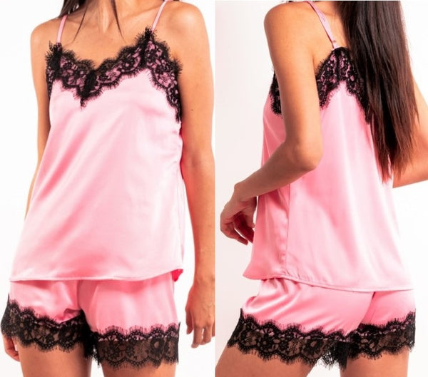 Laura in - 2 Piezas Set Pijama corta de Seda satén para Mujer con Encaje Negro. Top Tirante y Pantalones Cortos de Color Liso sólido de verano.