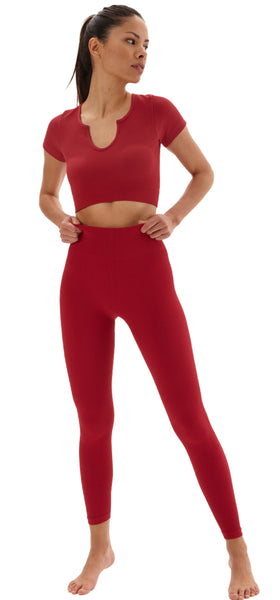 Laura in - Conjunto de ropa deportiva para mujer sin costuras de tejido canalé, top camiseta con cuello V y pantalones de push up para yoga y gym.