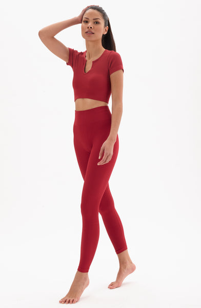 Laura in - Conjunto de ropa deportiva para mujer sin costuras de tejido canalé, top camiseta con cuello V y pantalones de push up para yoga y gym.