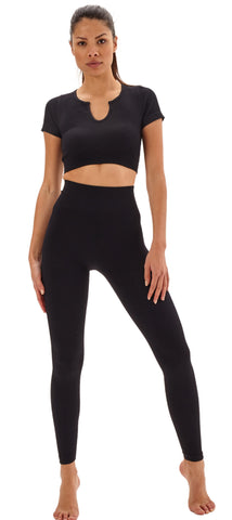 Laura in - Conjunto de ropa deportiva para mujer sin costuras de tejido canalé, top camiseta con cuello V y pantalones de push up para yoga y gym.