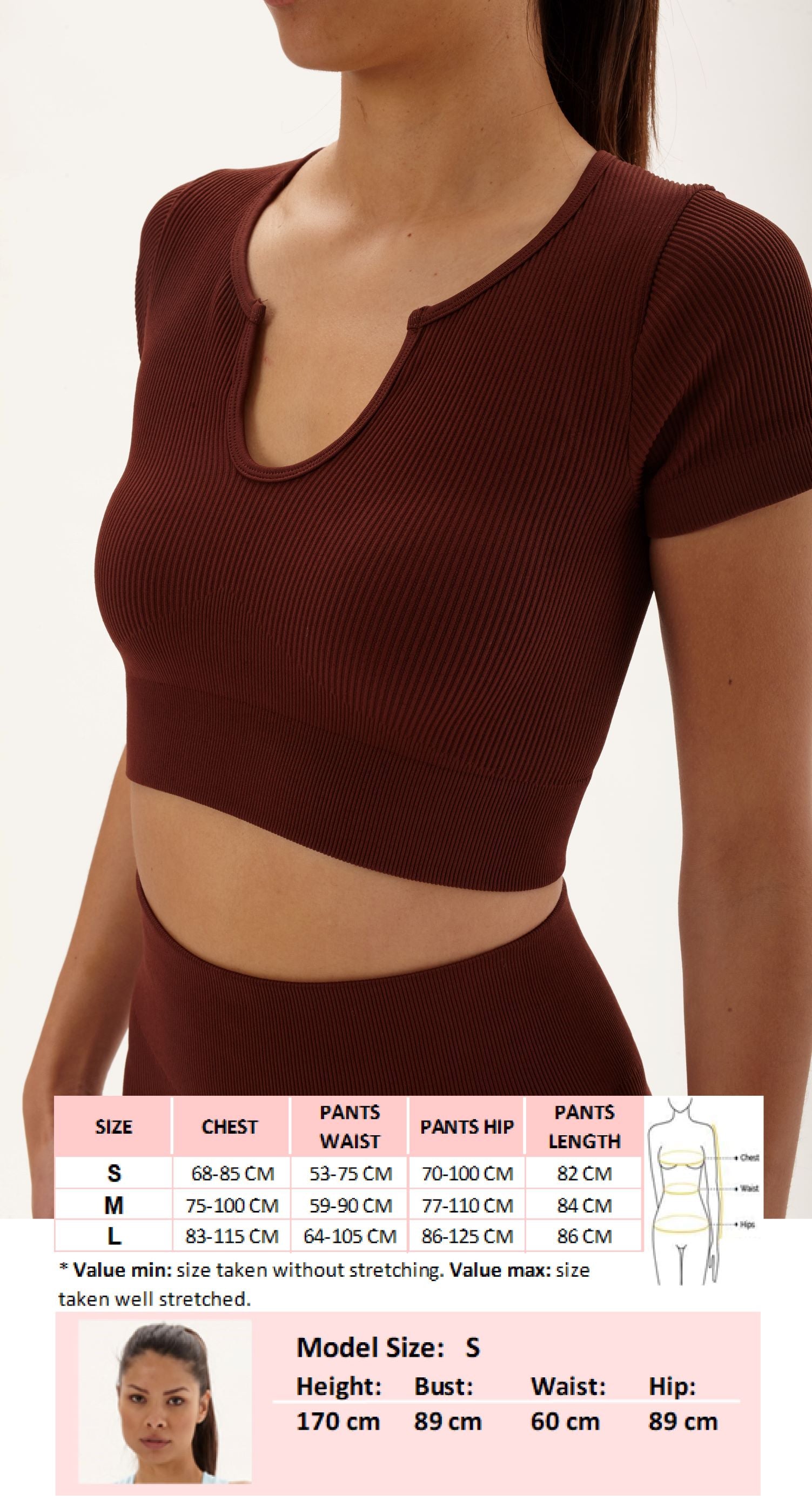 Laura in - Conjunto de ropa deportiva para mujer sin costuras de tejido canalé, top camiseta con cuello V y pantalones de push up para yoga y gym.
