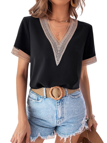 Laura in - Camisa Blusa de Satén con Manga Corta para Mujer con Encaje Dorado Bordado Cuello V, Súper Elegante, para Trabajo o Eventos.