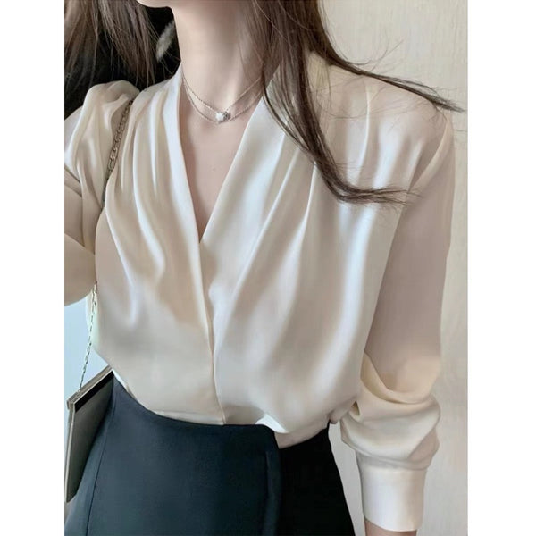 Camisa Blusa de Satén con Manga Larga para Mujer, Cuello V, Súper Elegante y de Calidad